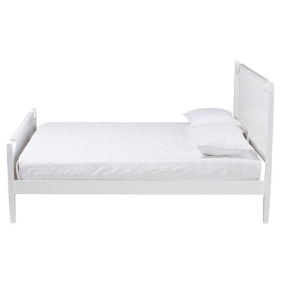 Elegant White Queen Platform Bed with Wood Frame and Upholstered Headboard