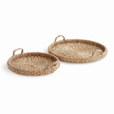 Plum & Post Sawyer Round Trays With Handles, Natural Mendong Rattan, 2pc