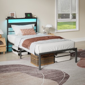Twin Bed Frames for Kids Metal Platform Bed Frame with Upholstered Headboard Wood Storage Shelf Charging Station and LED Lights No Box Spring Needed - 1 of 4