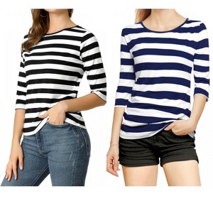 Allegra K Women's Elbow Sleeves Round Neck Slim Fit T-Shirt 2 Packs - 1 of 4