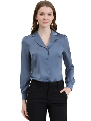Allegra K Women's Elegant Collar V Neck Long Sleeve Work Office Satin Button Down Shirt