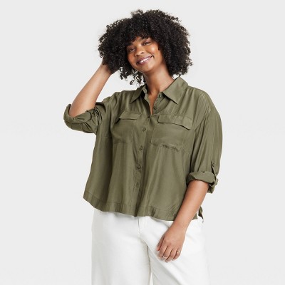 Women's Long Sleeve Button-Down Cropped Utility Shirt - A New Day™