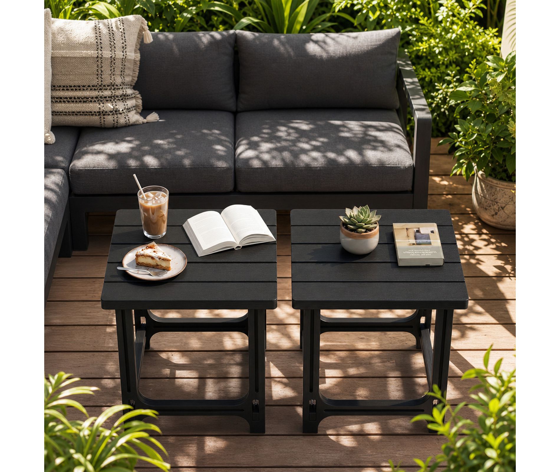 18.5 Inch Square Adirondack Outdoor Patio Coffee Table with Slatted HDPE Top, Black, Set of 2