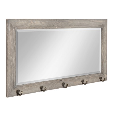 Rustic Graywash 36"x18" Wood Framed Pub Mirror with Metal Hooks