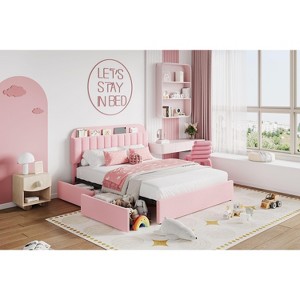 Queen Size Kids Bed Frame for Girls, Boucle Upholstered Platform Bed with Bookcase Headboard & Storage Drawers, No Box Spring Needed, Pink - 1 of 4