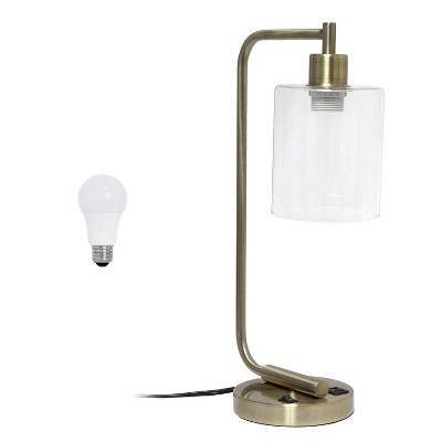 Antique Brass Curved Arm Desk Lamp with Clear Glass Shade