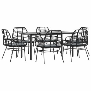 vidaXL - 7 Piece Patio Dining Furniture Set - Black Poly Rattan and Glass for Garden, Patio, or Backyard Outdoor Spaces with Cushions Included - 1 of 4