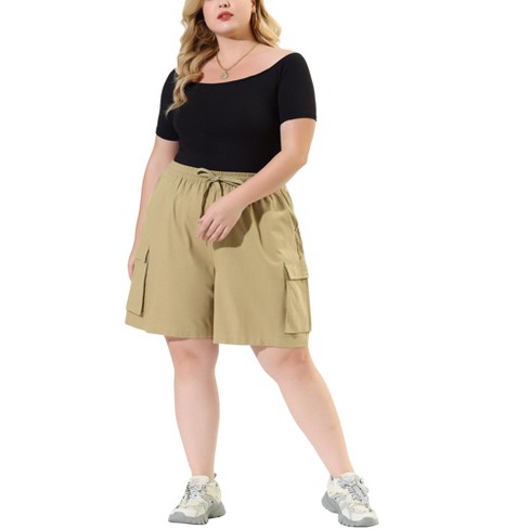 Agnes Orinda Women s Plus Size Drawstring Elastic High Waist Casual Cargo Shorts with Pockets khaki 1X