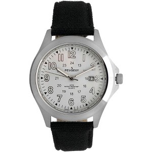 Peugeot Men 40mm Military White Dial Calendar Watch with Canvas Strap - 1 of 3