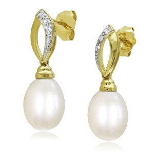 EVERLY JEWELRY | 10k Yellow Gold 7.5 - 8 MM Cultured Freshwater Pearl and Diamond Link Drop Earrings - 1 of 3