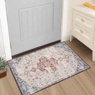 Vintage Distressed Rug Bohemian Floral Medallion Area Rug, Non-Slip Low Pile, Red/Beige