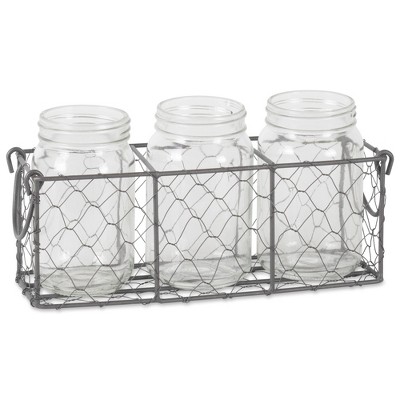 Design Imports Vintage Grey Chickenwire Flatware Caddy With Clear Jars