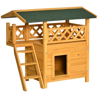 PawHut Outdoor Cat House, 2-Story Shelter for Feral Cats, Wooden Kitten Condo with Asphalt Roof, Stairs, Balcony, 30"x20"x29", Natural
