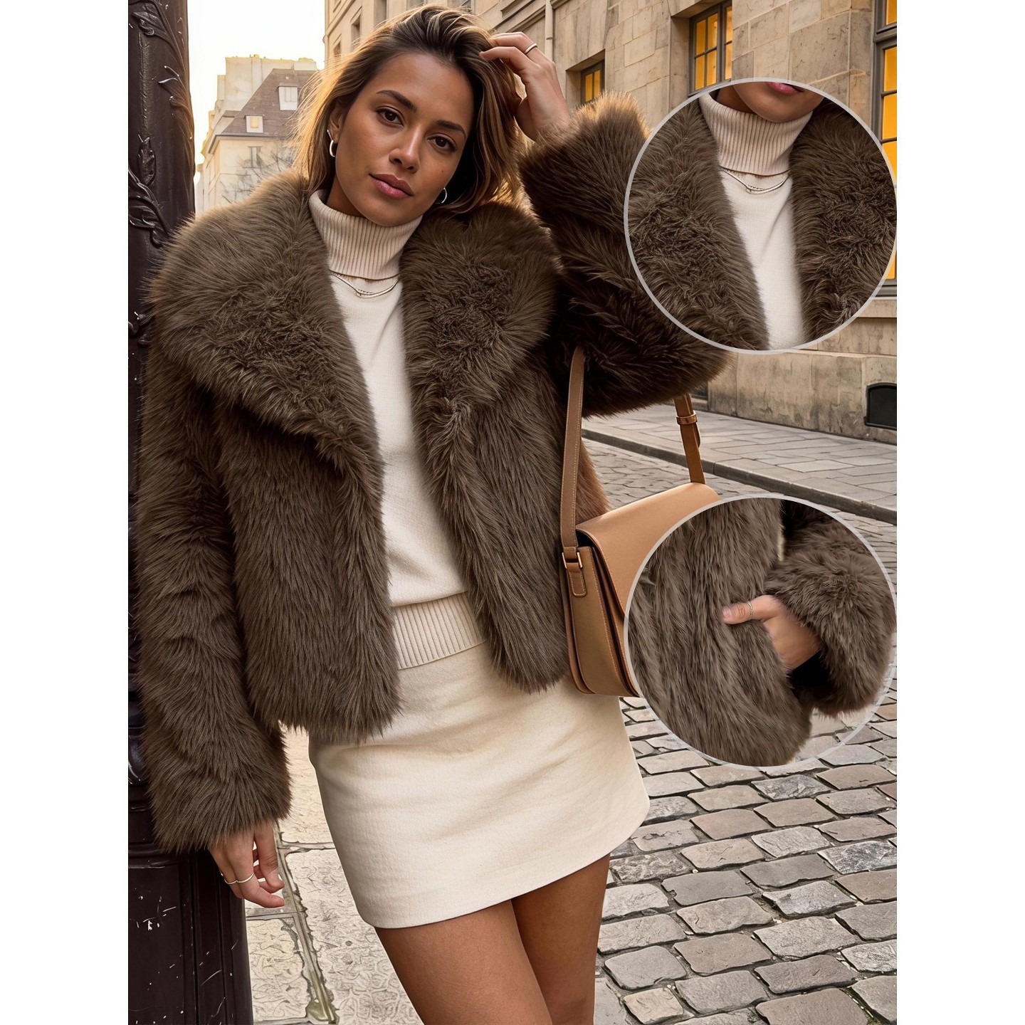 Женские куртки INSPIRE CHIC Lapel Collar Long Sleeve Shaggy Fuzzy Faux Fur Warm Casual Outerwear Coats M Brown, цвет: Коричневый — фото 2