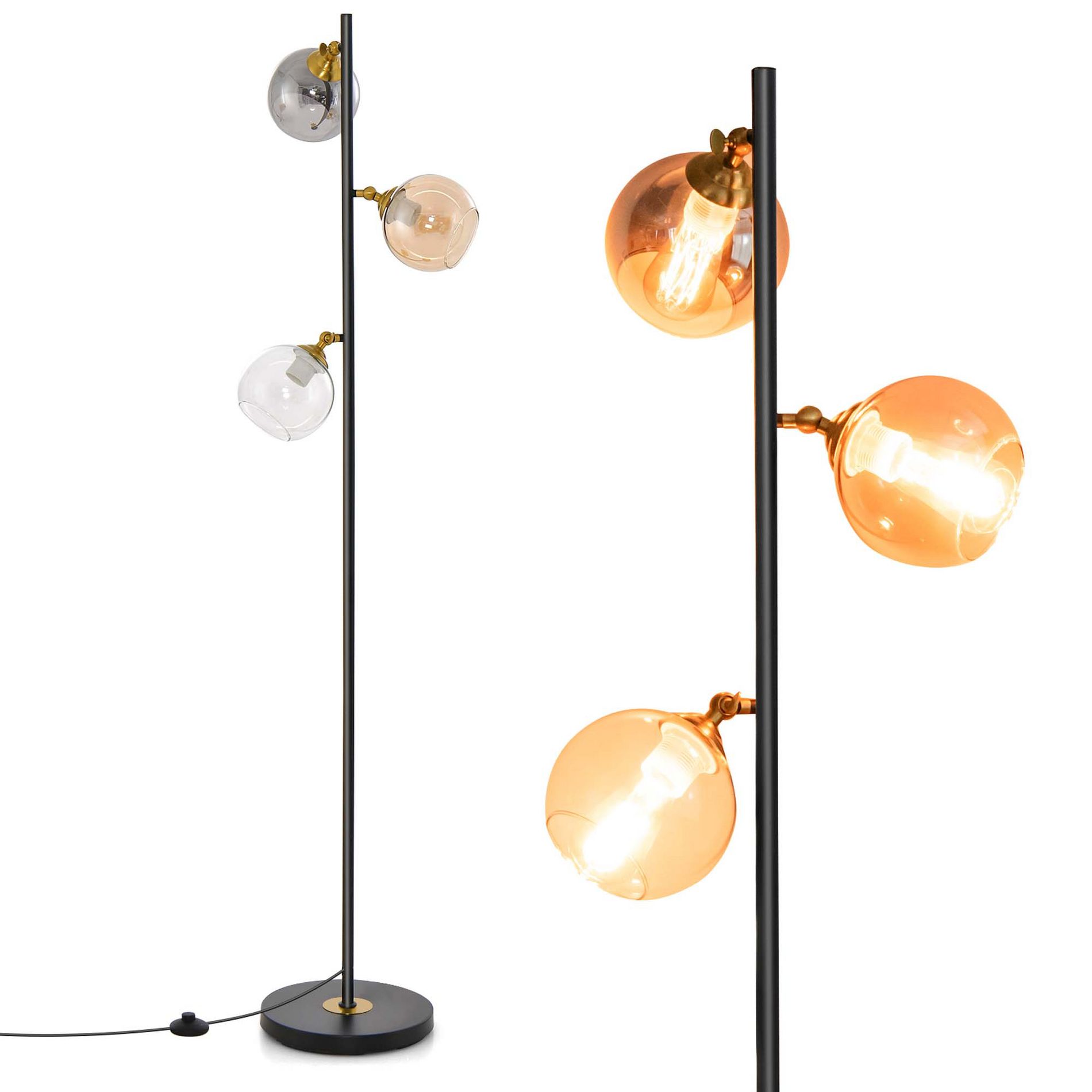 Costway Mid Century Floor Lamp Freestanding with 3 Glass Globe Lampshades & Foot Switch