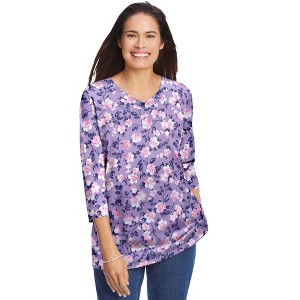 Woman Within Plus Size Perfect Printed Three-Quarter Sleeve V-Neck Tee - 1 of 4