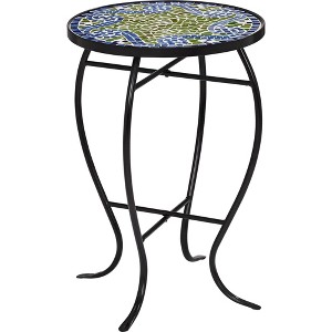Teal Island Designs Modern Black Round Outdoor Accent Side Table 14" Wide Light Green Mosaic Tabletop for Front Porch Patio House Balcony - 1 of 4