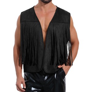 INSPIRE CHIC Men's Suede Casual Front Open Sleeveless Fringe Trim Vest - 1 of 4
