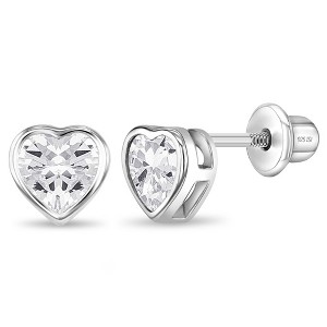 Girl's Bezel CZ Heart Screw Back Sterling Silver Earrings - In Season Jewelry - 1 of 4