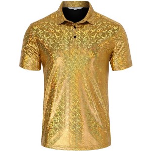 Men's 70s Disco Shirts Shiny Sequins Short Sleeve Party Shirt Slim Fit Nightclub Costume Tops - 1 of 4