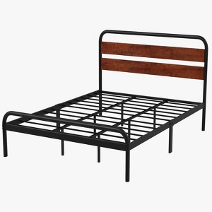 King Size Platform Bed Frame, Industrial King Bed Frame with Wood Headboard, Heavy Duty Metal Bed Frame with Metal Slats Support, Noise Free, No Box - 1 of 4