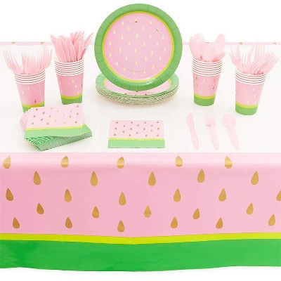 Sparkle and Bash 145 Piece Serves 24 Watermelon Party Supplies & Decorations - Paper Plate, Napkin, Cup, Cutlery & Tablecloth