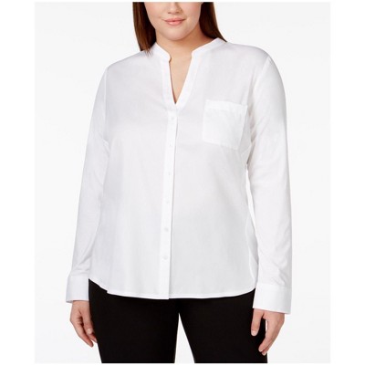 Calvin Klein Womens Mixed Media V Neck Button Up Shirt, White, 0X