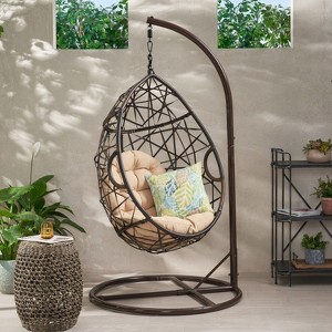 Christopher Knight Home Berkley Outdoor Wicker Tear Drop Hanging Chair with Stand - 1 of 4