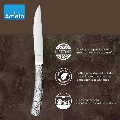 Amefa Bongo Steak Knives, Set of 6, Premium Hardened Stainless Steel, Hammered Ergonomic Handle Design, Micro Serrated Edge 4 Inch Blade Steak Knife
