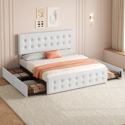 Bed Frame with Adjustable Headboard and 4 Storage Drawers, Upholstered Platform Bed Frame, No Box Spring Needed, Noise Free, Easy Assembly