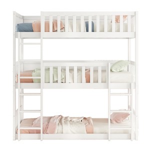 TiramisuBest Twin Size Triple Rubber Wood Bunk Bed with Ladders & Guardrails, Detachable Twin over Twin over Twin, Natural - 1 of 4