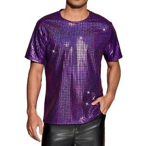 Lars Amadeus Men's Round Neck Short Sleeves Nightclub Party Metallic T-Shirt - 1 of 4