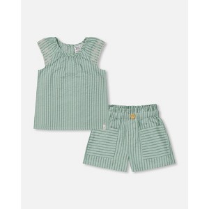 Deux par Deux Girl Chambray Blouse and Short Set Mint Green Striped - 1 of 4
