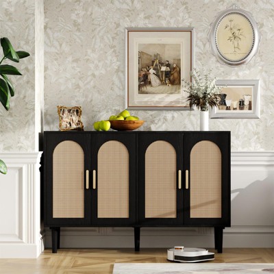 Glasflength Decorative Storage Cabinets, Rattan Buffet Sideboard Cabinet Cupboard for Kitchen, Living Floor Cabinet, Black 47.2"*13.8"*31.1"