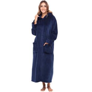 Alexander Del Rossa Women's Zip Up Fleece Robe with Hood, Oversized Hooded Bathrobe with Two Way Zipper Navy Blue 1X-2X