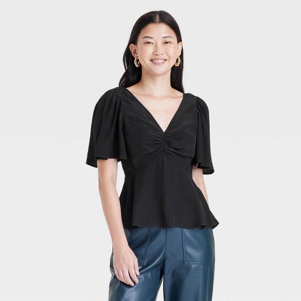 Women's Slim Fit Flutter Short Sleeve V-Neck Top - A New Day™ Black M