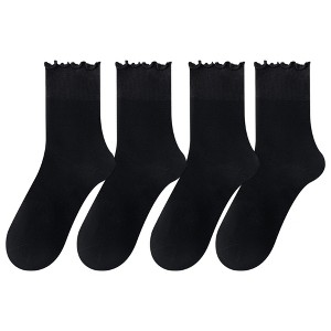 Anna-Kaci 4 Pairs Women's Ruffle Edge Crew Socks Soft Stretch Cotton Blend with High Elastic Cuffs in Assorted Solid Colors - 1 of 4