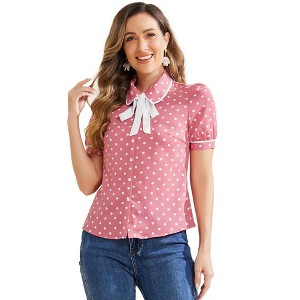 Allegra K Women's Polka Dots Peter Pan Collar Tie Neck Short Sleeve Shirt - 1 of 4