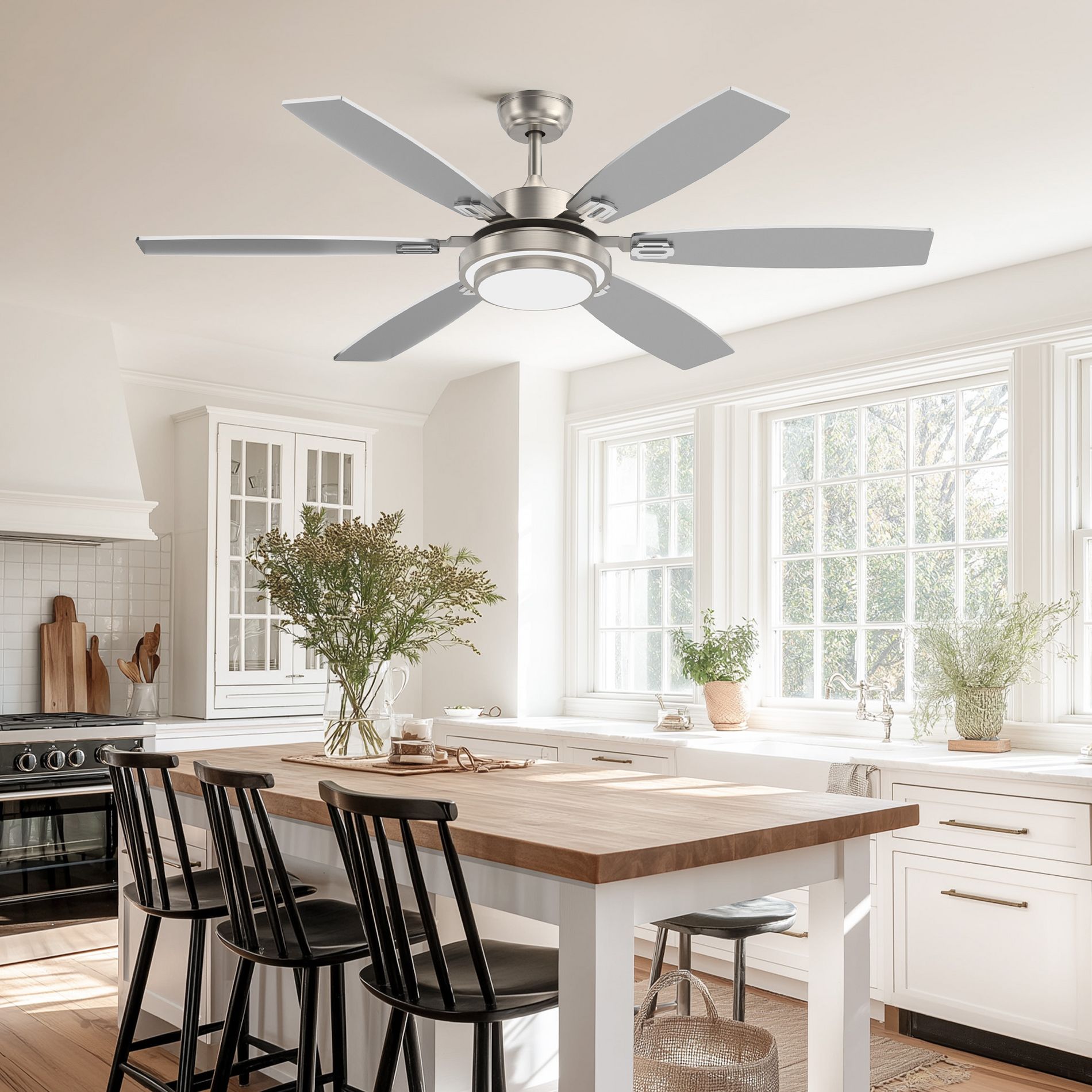 Siljoy 60-in Nickel Ceiling Fan Lights with Dual Color Blades (Nickel and oak)-Remote Included (6 Blades)