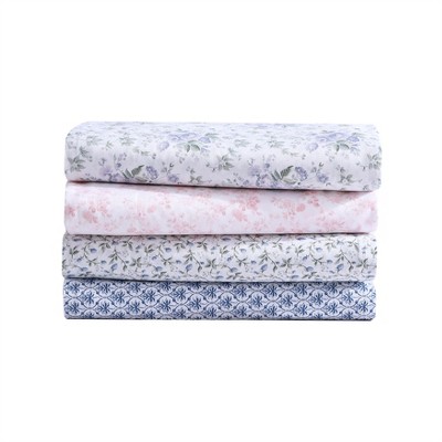 Blue Floral Print Cotton Queen Sheet Set