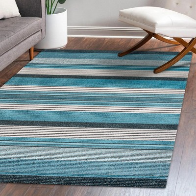 Coastal Charm Blue Stripe Synthetic 3' x 5' Area Rug
