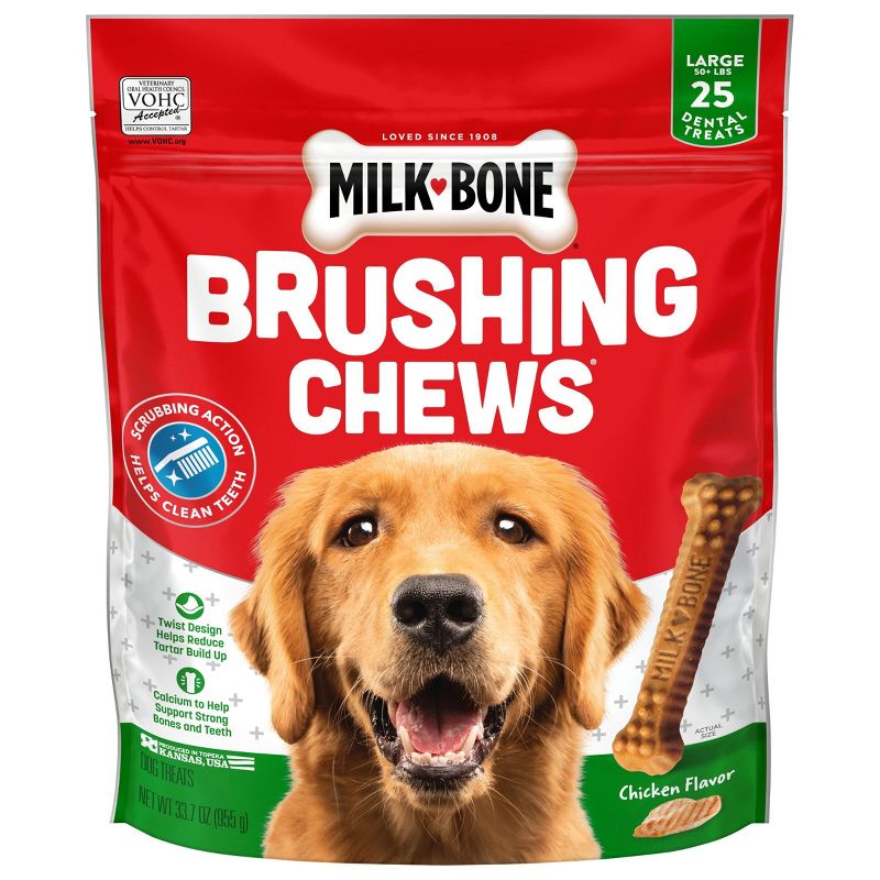Milk-Bone Beef Brushing Chews Daily Flavored Dental Dog Treats Large - 33.7oz/25ct per bag, 1 of 7