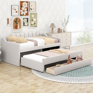 PAGED Twin Size Upholstered Daybed 81" L Modern Wooden Bed Frame with Trundle and 3 Storage Drawers for Bedroom, Living - 1 of 4
