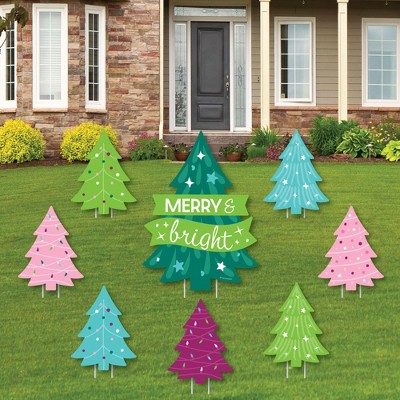 Big Dot of Happiness Merry and Bright Trees - Yard Sign and Outdoor Lawn Decorations - Colorful Whimsical Christmas Party Yard Signs - Set of 8