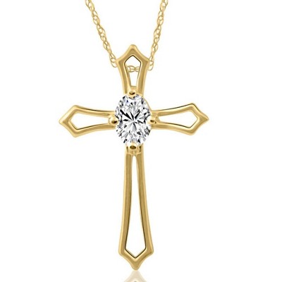 Pompeii3 1/3 ct Oval Diamond Cross Solitaire Pendant Yellow Gold Necklace (1' tall)