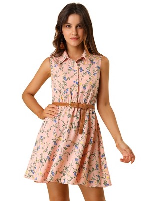 INSPIRE CHIC Women's Floral Sleeveless Half Placket Mini Belted Summer Dress