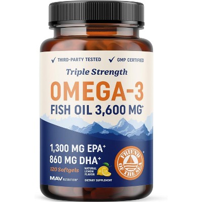 Fish Oil Softgels, 3600 mg EPA & DHA, Best Essential Fatty Acids, Premium Burpless Softgel Supplements, MAV Nutrition, 120ct