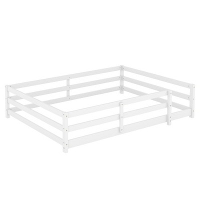 Vynxaria Full Size Floor Bed with Fence Wood Kids Bed No Box Spring Needed for Girls Boys White