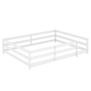 Vynxaria Full Size Floor Bed with Fence Wood Kids Bed No Box Spring Needed for Girls Boys White - 1 of 4