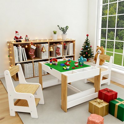 JVNOXK-Kids 2 in1Play Table Chair Set, LEGO-Compatible Drawing Table with7 Storage Compartments, Includes 2 Chairs,Multifunctional Learning Desk-White